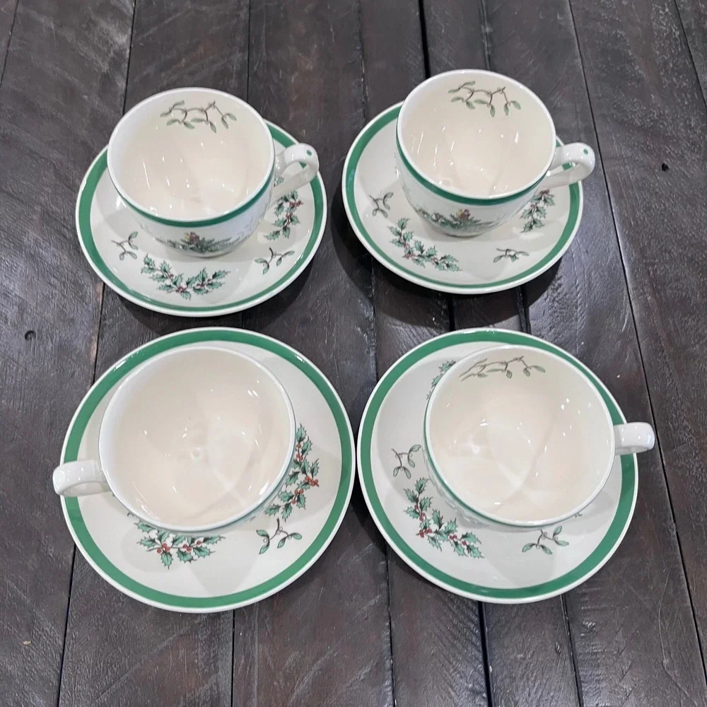 Spode Christmas Tree Teacup and Saucer Set of 4 Made in England S3324 Green Trim
